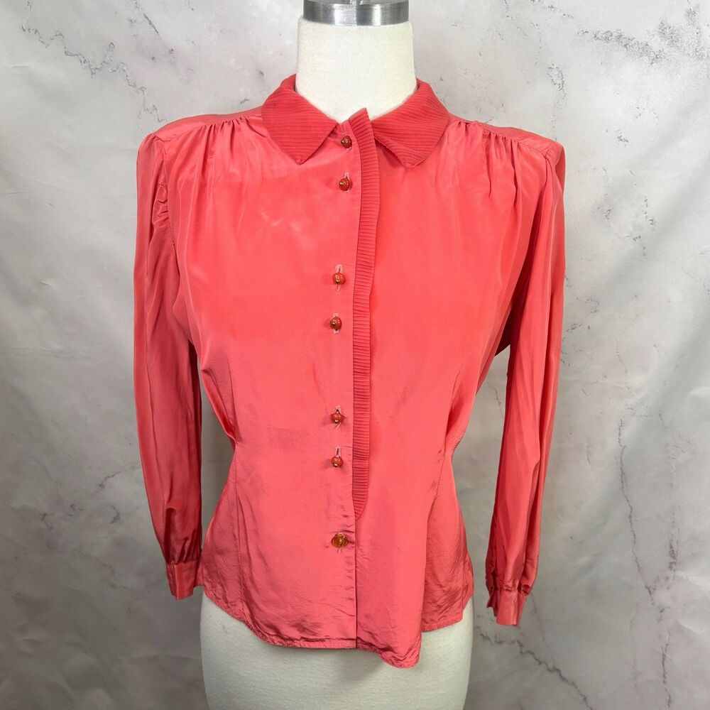 VTG 1940s Pink Button Up Blouse Pink Pleated Collar Retro Rockabilly 40s S Pinup